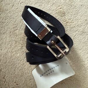 New Zara belt leather wrap black perforated holes gold loop 34 small medium